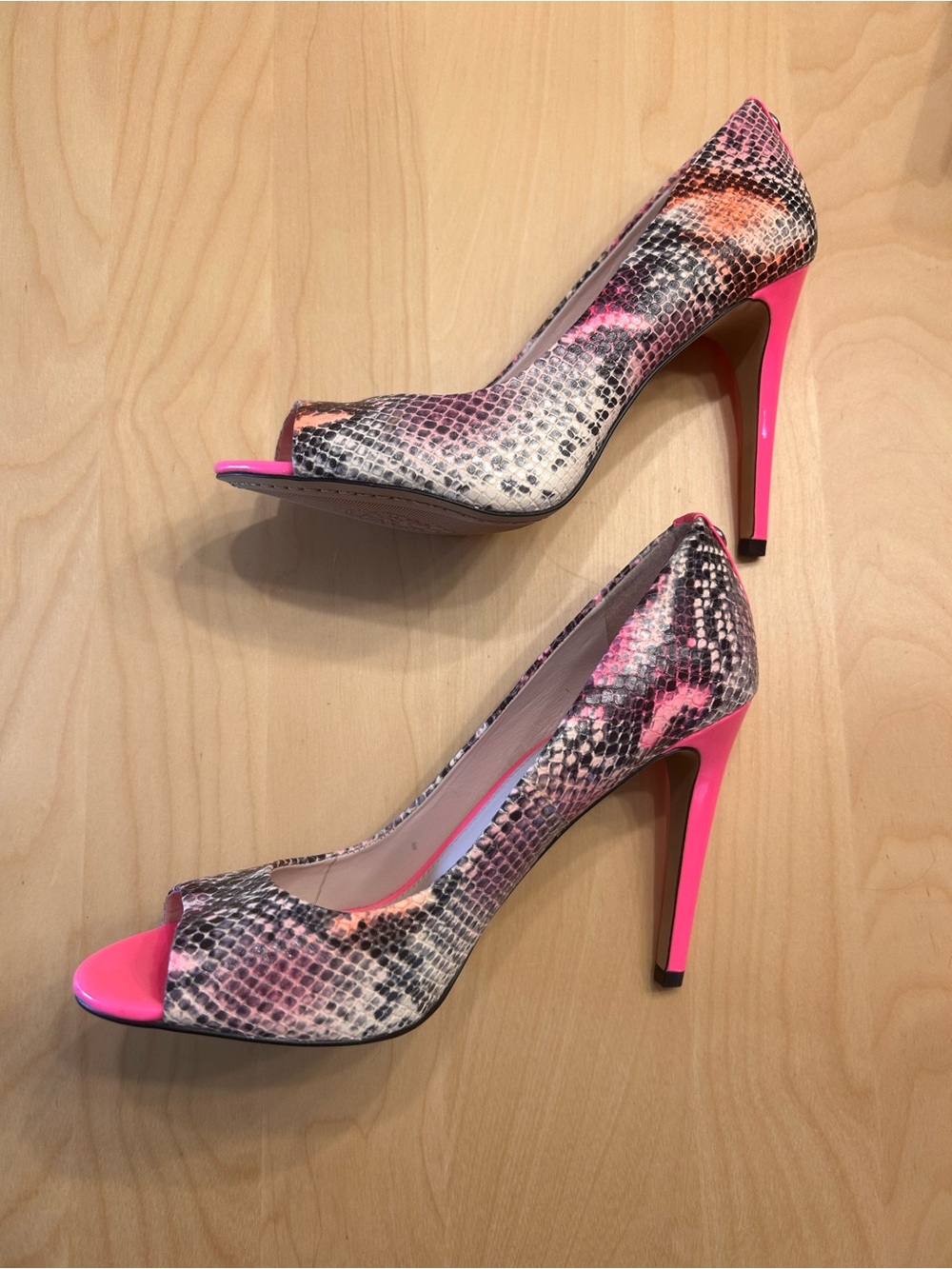 Vince Camuto Pink Snake-Print Peep-Toe Stiletto Heels